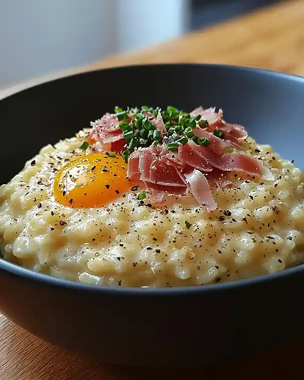 Recette Risotto de Coquillettes à la Truffe, jaune d'œuf confit et jambon cru