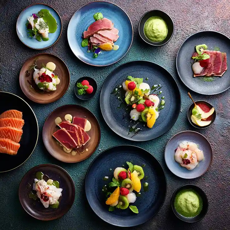 Assortiment de ceviches et tatakis avec poissons, fruits, herbes fraîches et sauces