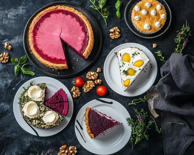 Assortiment de gâteaux salés maison cheesecake betterave chèvre, opéra salé en couches, fondant au boudin noir et tarte meringuée salée