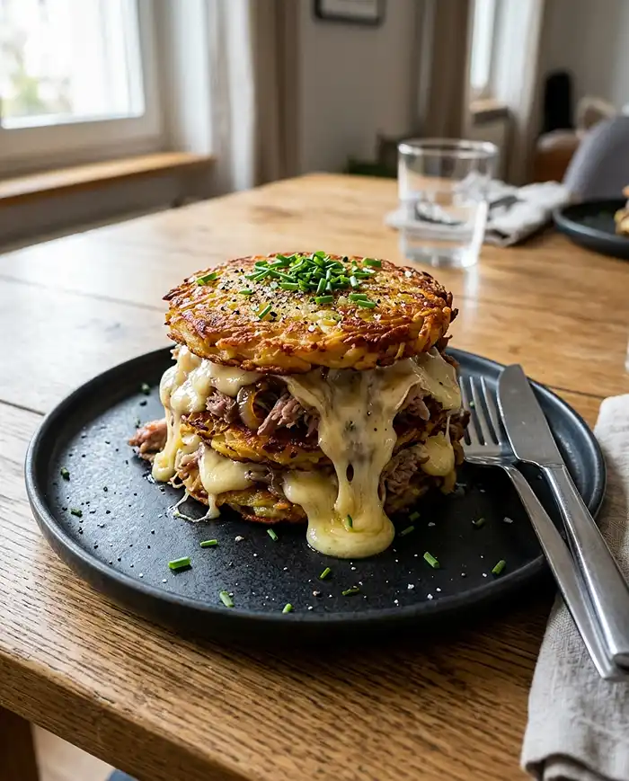 Burger-Savoyard-Rosti-de-Pomme-de-Terre-Effiloche-de-Diot-Coeur-de-Reblochon-Filant