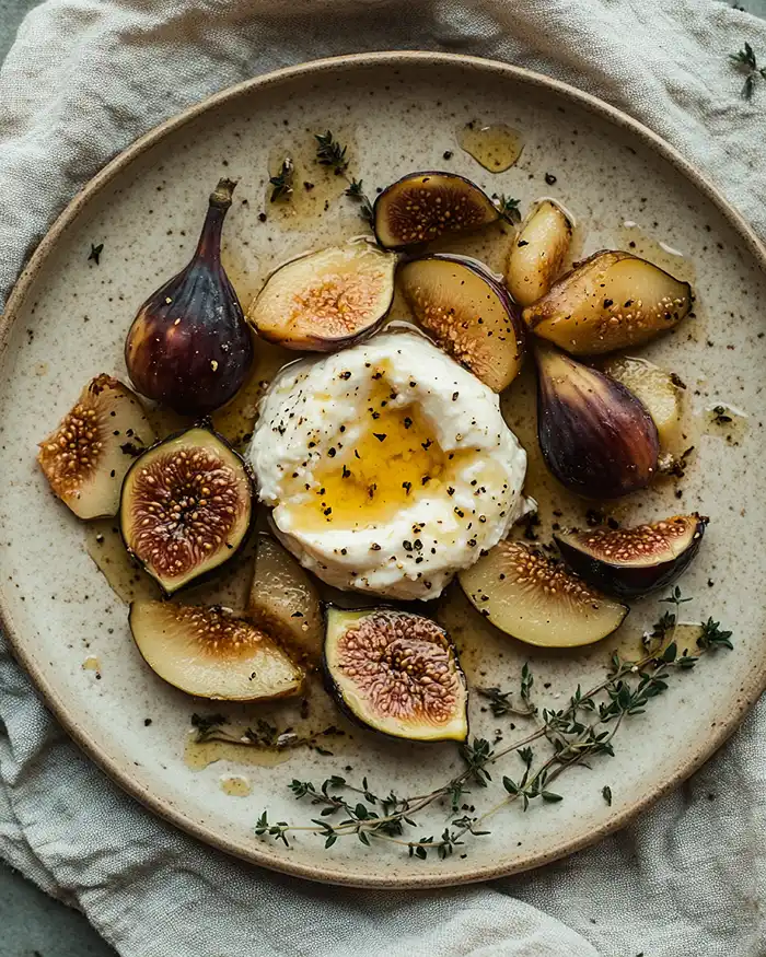 Recettes Burratas Créatives & Fromages Frais 3 Burrata crémeuse posée sur figues et poires rôties caramélisées, filet de miel et feuilles de thym frais sur assiette en céramique, Burratas Créatives & Fromages Frais