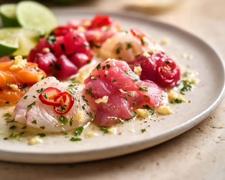 Ceviche et poissons marinés dressés élégamment avec citron vert, herbes fraîches et poisson cru