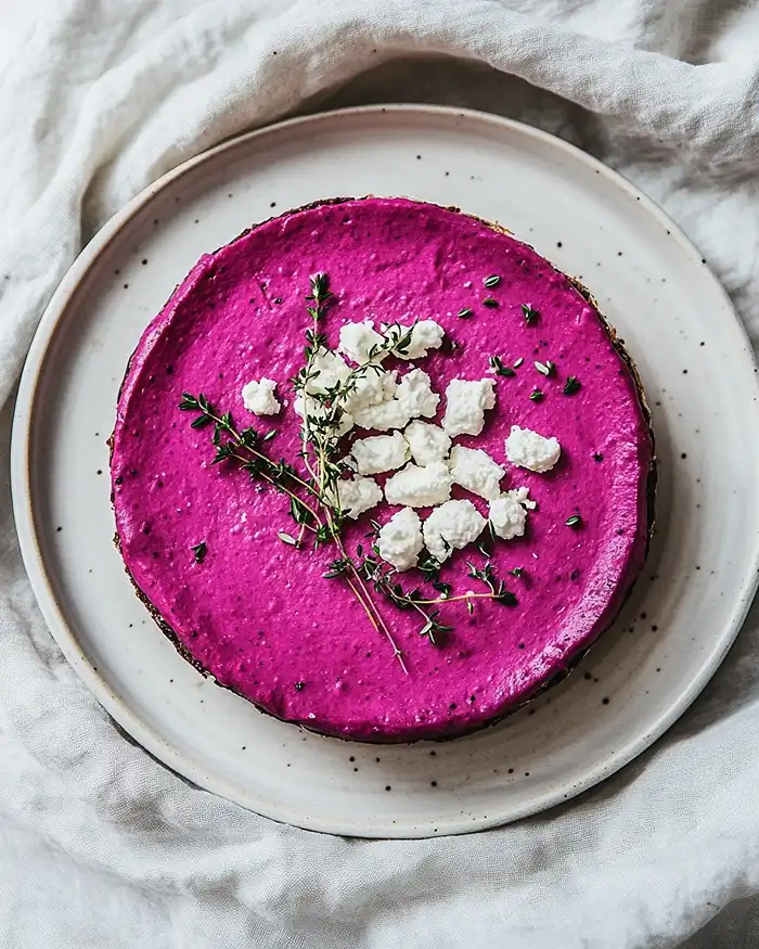Recettes Cheesecakes, Opéras & Gâteaux Salés 12 Cheesecake salé betterave chèvre vu de dessus, couleur rose magenta avec émiettés de fromage de chèvre