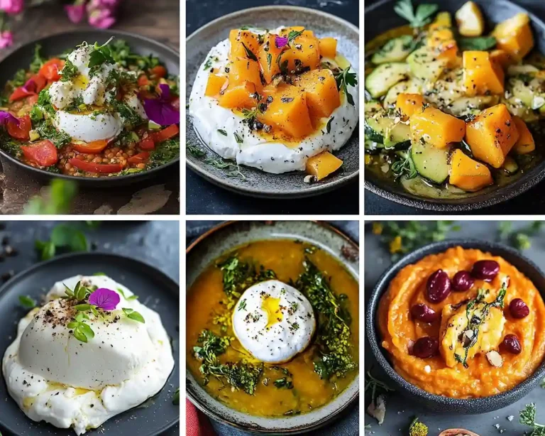 Collage de 6 recettes de burrata créatives burrata crémeuse nature, sur lentilles corail au curry, pêches rôties, figues au miel, gaspacho de courgettes et courge butternut rôtie