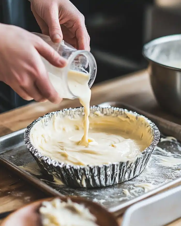 Recettes Cheesecakes, Opéras & Gâteaux Salés 3 Coulage de l'appareil fromager dans un cercle à pâtisserie lors du montage d'un gâteau salé