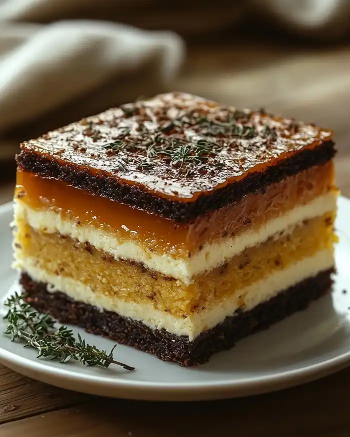 Recettes Cheesecakes, Opéras & Gâteaux Salés 2 Coupe d'un opéra salé maison montrant les couches de biscuit, crème et gelée aux herbes