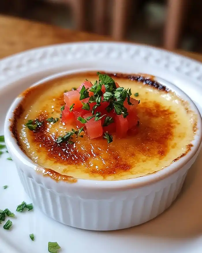 Crème brûlée salée au parmesan servie avec tartare