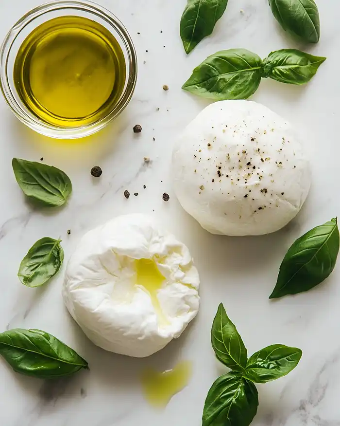 Recettes Burratas Créatives & Fromages Frais 2 Deux burratas côte à côte une entière et une ouverte révélant son coeur crémeux blanc sur planche en marbre