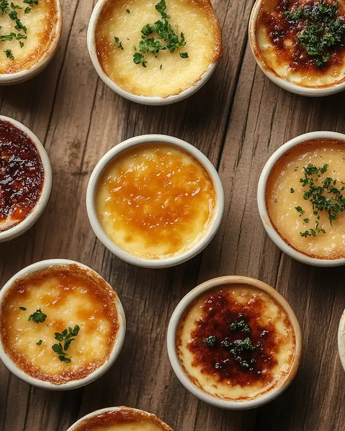 Différentes crèmes brûlées salées servies sur une table