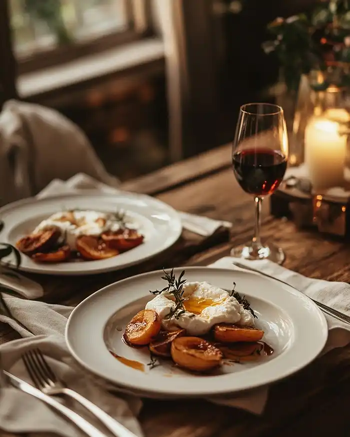 Recettes Burratas Créatives & Fromages Frais 27 Entrée italienne burrata crémeuse servie sur assiette blanche à table avec couverts en argent, verres de vin blanc et nappe en lin