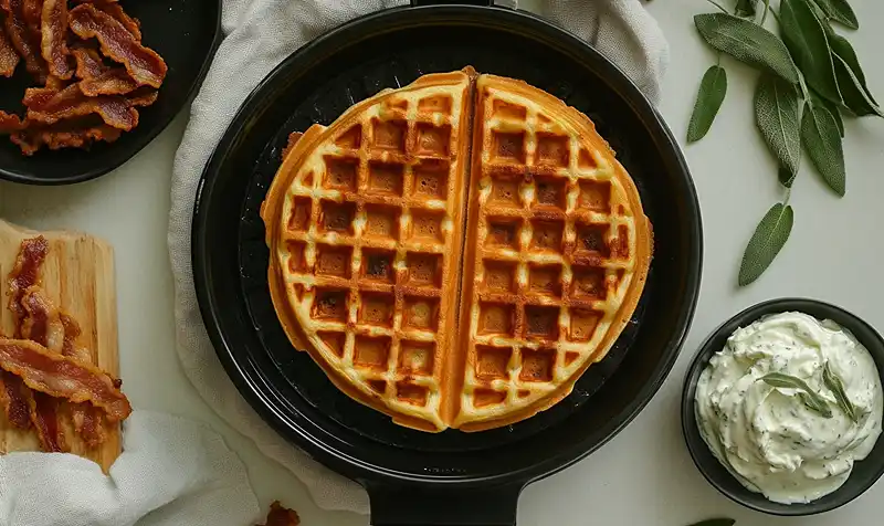 La-preparation-de-la-Gaufre-de-Butternut-au-Lard-Fume-Creme-de-Chevre-a-la-Sauge-Sirop-dErable