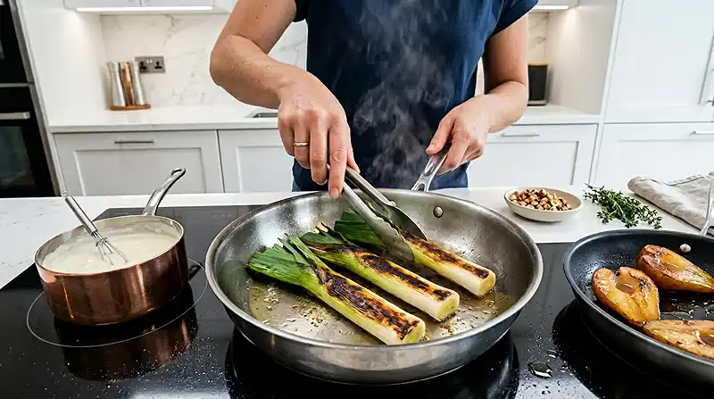 La-preparation-de-la-Poireaux-Brules-avec-Creme-de-Gorgonzola-Poire-Rotie-au-Miel-Noisettes