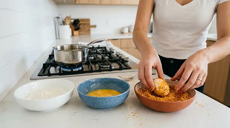 La-preparation-de-la-recette-OEuf-Mollet-Pane-au-Chorizo-Creme-de-Piquillos-Huile-dOlive-Fumee