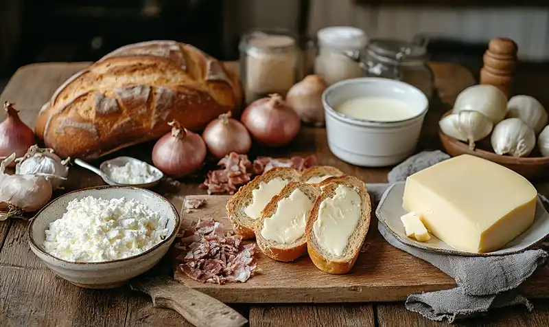 Pain Perdu Salé Façon Tartiflette Irrésistible 3 Les-ingredienst-pour-Pain-Perdu-Sale-Facon-Tartiflette-avec-son-coeur-de-Reblochon-coulant