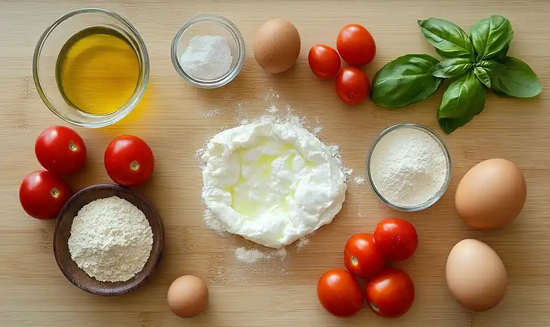 Les-ingredients-pour-Burrata-Panee-Explosive-sur-Coulis-de-Tomates-Datterino-au-Basilic