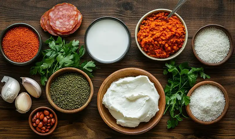 Les-ingredients-pour-Burrata-sur-Lentilles-Corail-Tiedes-au-Curry