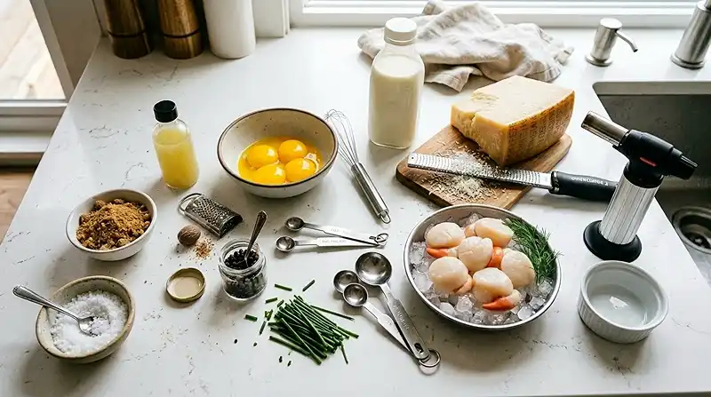 Les ingredients pour Crème Brûlée Salée au Parmesan avec Tartare de Saint-Jacques