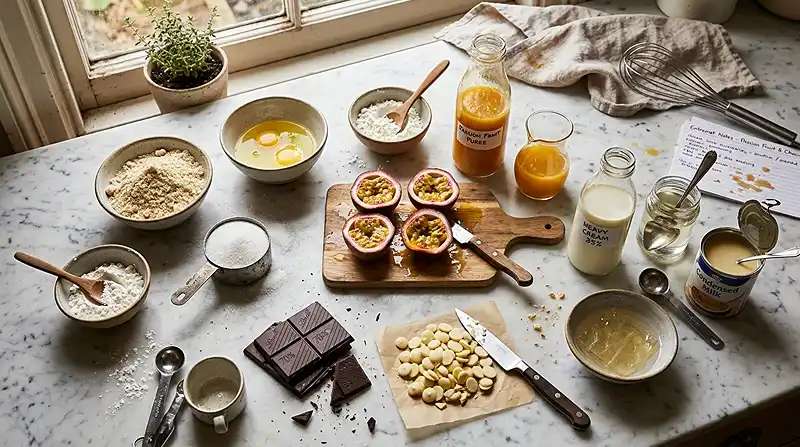 Entremets Miroir au Chocolat & Fruits de la Passion 3 Les ingrédients pour Entremets Miroir au Chocolat & Fruits de la Passion