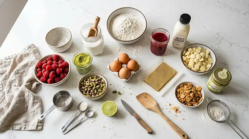Entremets Pistache & Framboise 3 Les ingrédients pour Entremets Pistache & Framboise