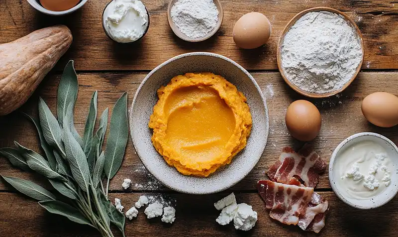 Les-ingredients-pour-Gaufre-de-Butternut-au-Lard-Fume-Creme-de-Chevre-a-la-Sauge-Sirop-dErable