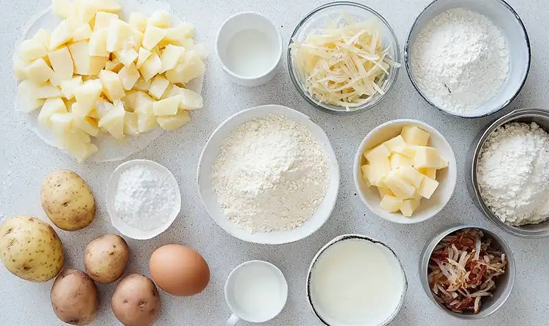 Gaufre de Pommes de Terre au Comté 3 Les-ingredients-pour-Gaufre-de-Pommes-de-Terre-au-Comte-Creme-de-Lard-Fume-Oignons-Frits