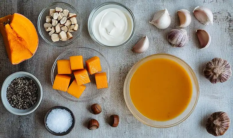 Les-ingredients-pour-Ile-Flottante-Salee-a-lAil-Noir-sur-Veloute-de-Potimarron