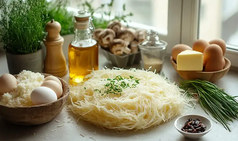 Les-ingredients-pour-Nid-de-Pates-Kadaif-OEuf-Parfait-64°C-Creme-de-Cepes-a-la-Truffe