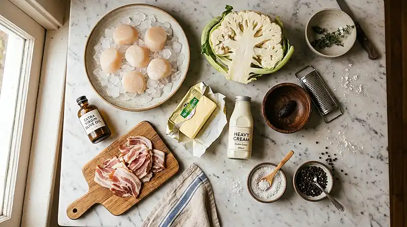 Noix de Saint-Jacques Snackées Mousseline 3 Les ingrédients pour Noix de Saint-Jacques Snackées Mousseline de Chou-Fleur, Fève Tonka et Lard Fumé Croustillant