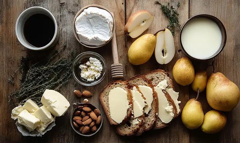 Les-ingredients-pour-Pain-Perdu-Sale-au-Chevre-Poires-Roties-Miel-Pimente