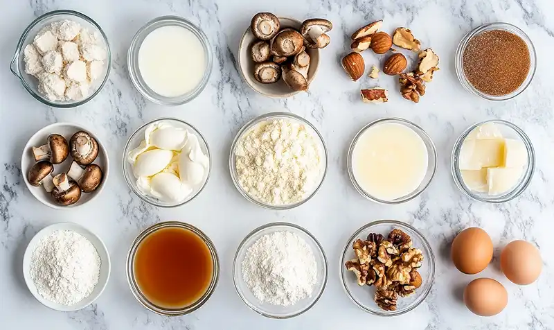 Les-ingredients-pour-Paris-Brest-Sale-Creme-Mousseline-au-Foie-Gras-Praline-Croustillant-aux-Champignons