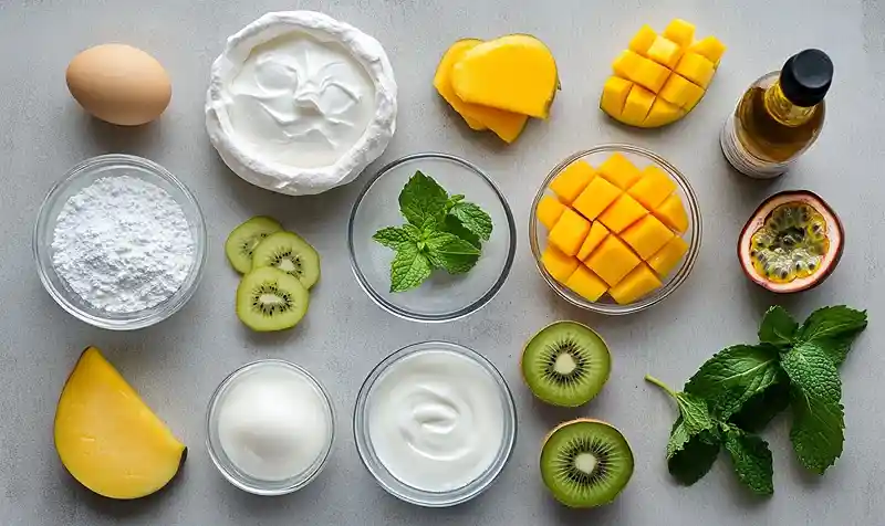 Les-ingredients-pour-Pavlova-Festive-aux-Fruits-Exotiques