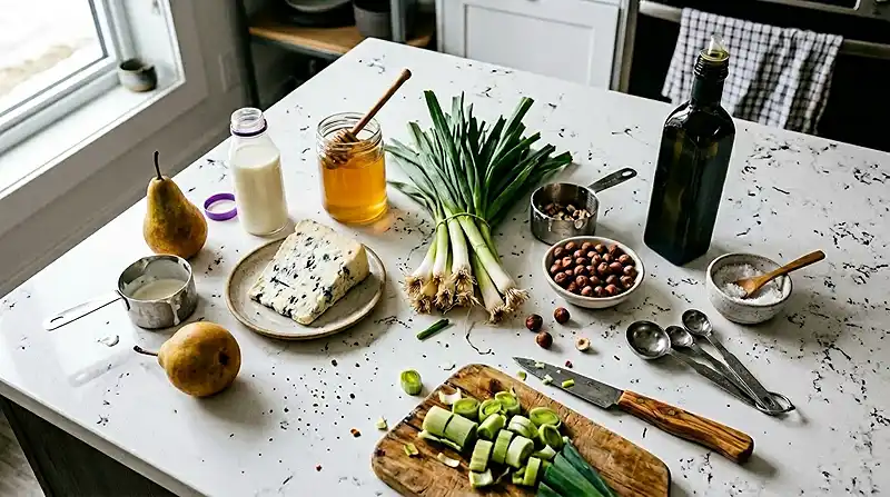 Les-ingredients-pour-Poireaux-Brules-avec-Creme-de-Gorgonzola-Poire-Rotie-au-Miel-Noisettes