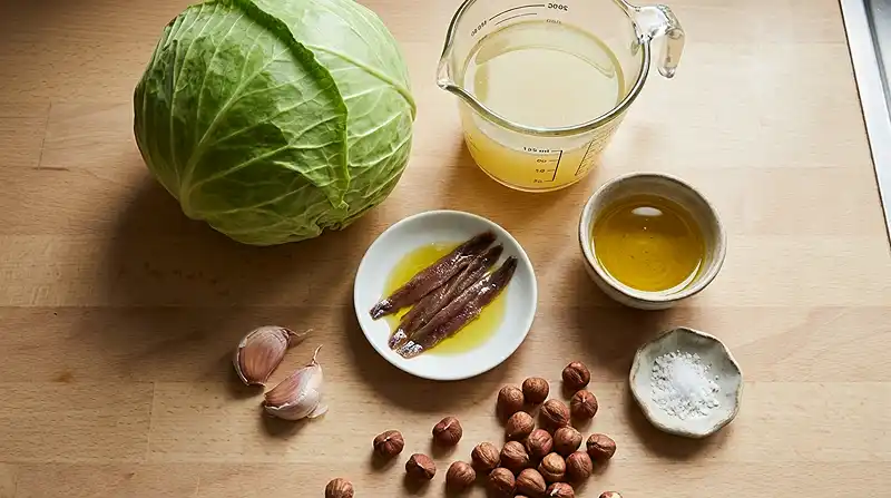 Les-ingredients-pour-Quartier-de-Chou-Pointu-Braise-puis-Snacke-avec-sa-sauce-Bagna-Cauda