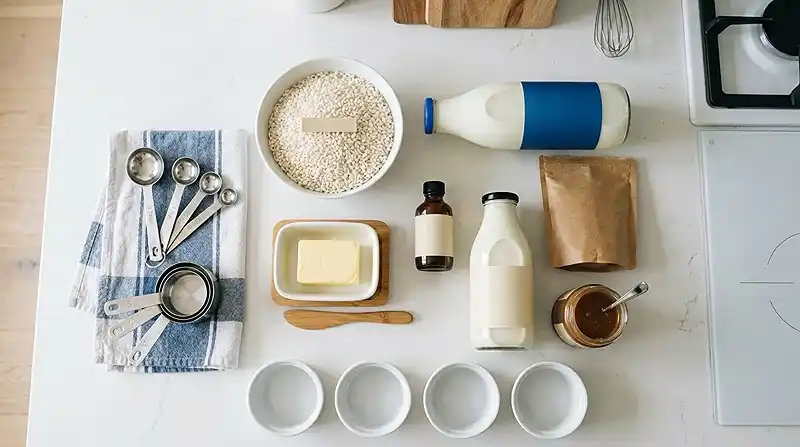 Les ingrédients pour Riz au Lait Crémeux Caramel Beurre Salé