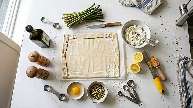 Les-ingredients-pour-Tarte-Fine-aux-Asperges-Vertes-Ricotta-au-Citron-Eclats-de-Pistaches
