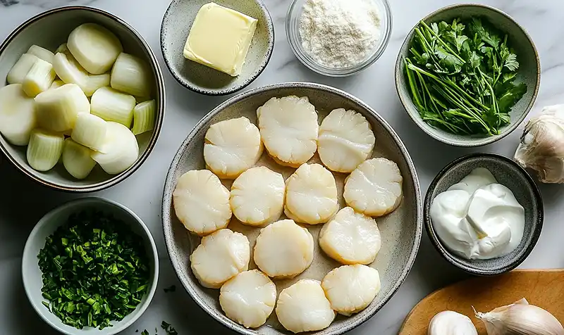 Les-ingredients-pour-Tartelettes-Fines-aux-Saint-Jacques-et-Fondue-de-Poireaux
