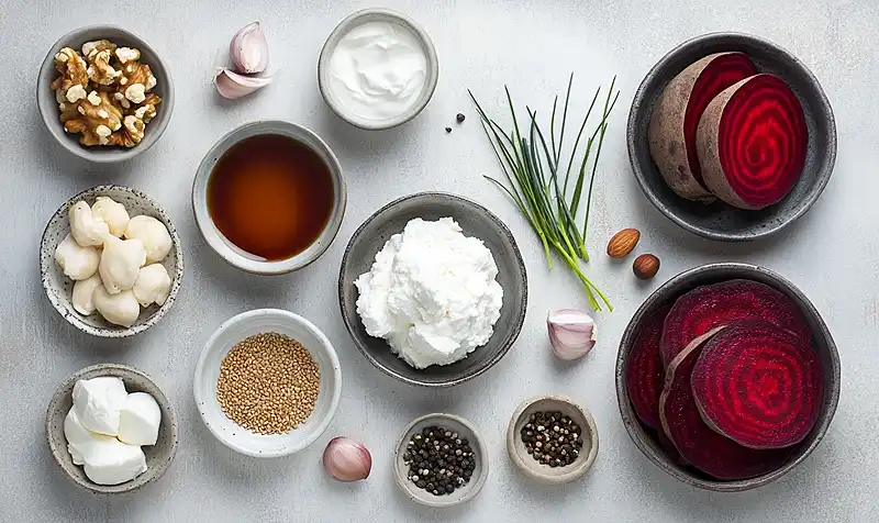 Tataki de Betterave Laquée Balsamique-Soja (Chèvre ou Feta Noisette) 3 Les-ingredients-pour-Tataki-de-Betterave-Laquee-Balsamique-Soja-Creme-de-Chevre-a-la-Noisette