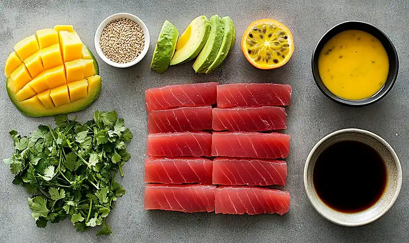 Tataki de Thon Rouge Crème d'Avocat au yuzu 3 Les-ingredients-pour Tataki de Thon Rouge crème d'avocat au yuzu et vierge mangue-passion