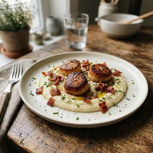 Noix de Saint-Jacques Snackées Mousseline 2 Noix de Saint-Jacques Snackées Mousseline de Chou-Fleur, Fève Tonka et Lard Fumé Croustillant