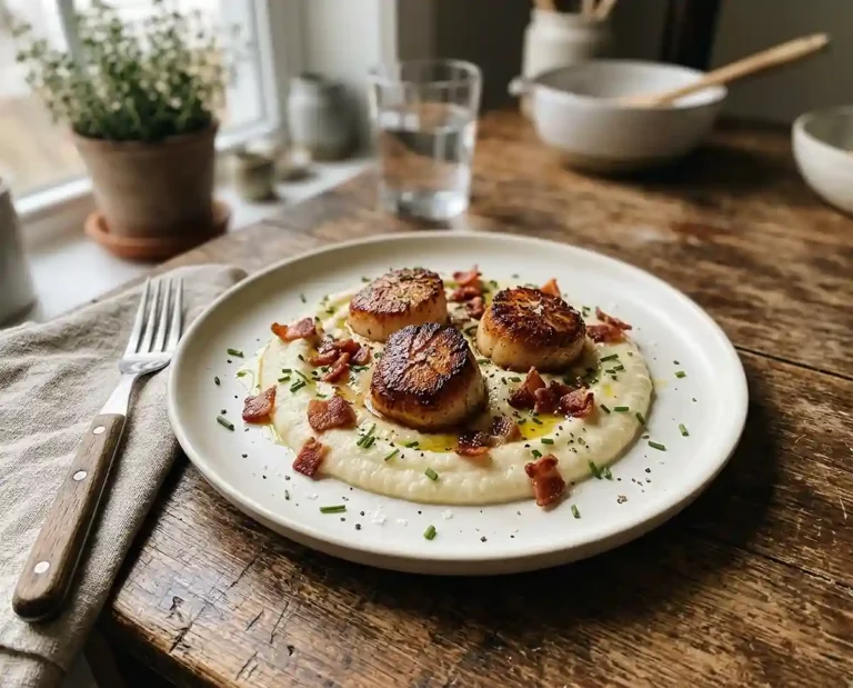 Noix de Saint-Jacques Snackées Mousseline de Chou-Fleur, Fève Tonka et Lard Fumé Croustillant