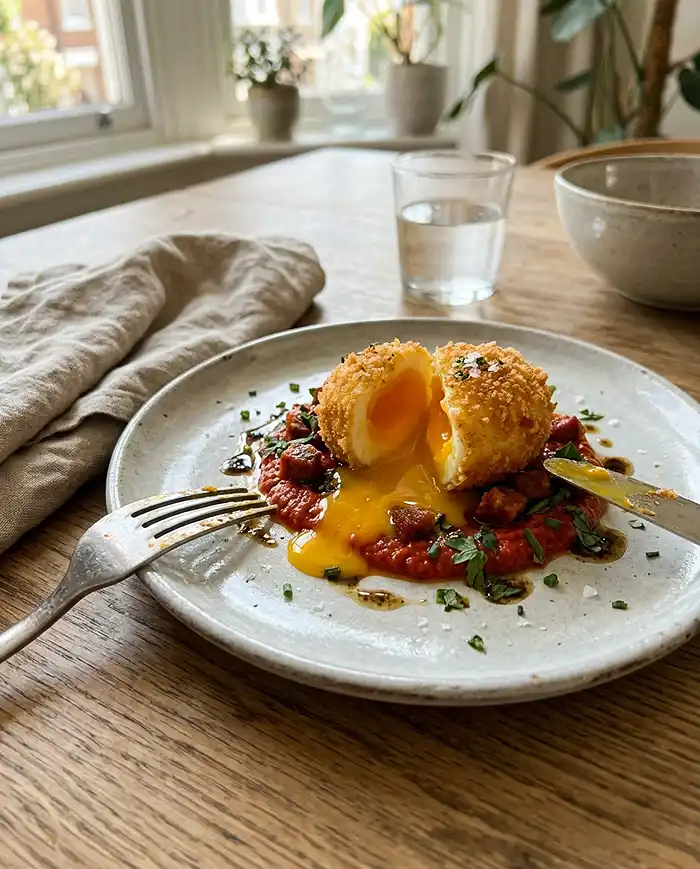 OEuf-Mollet-Pane-au-Chorizo-Creme-de-Piquillos-Huile-dOlive-Fumee