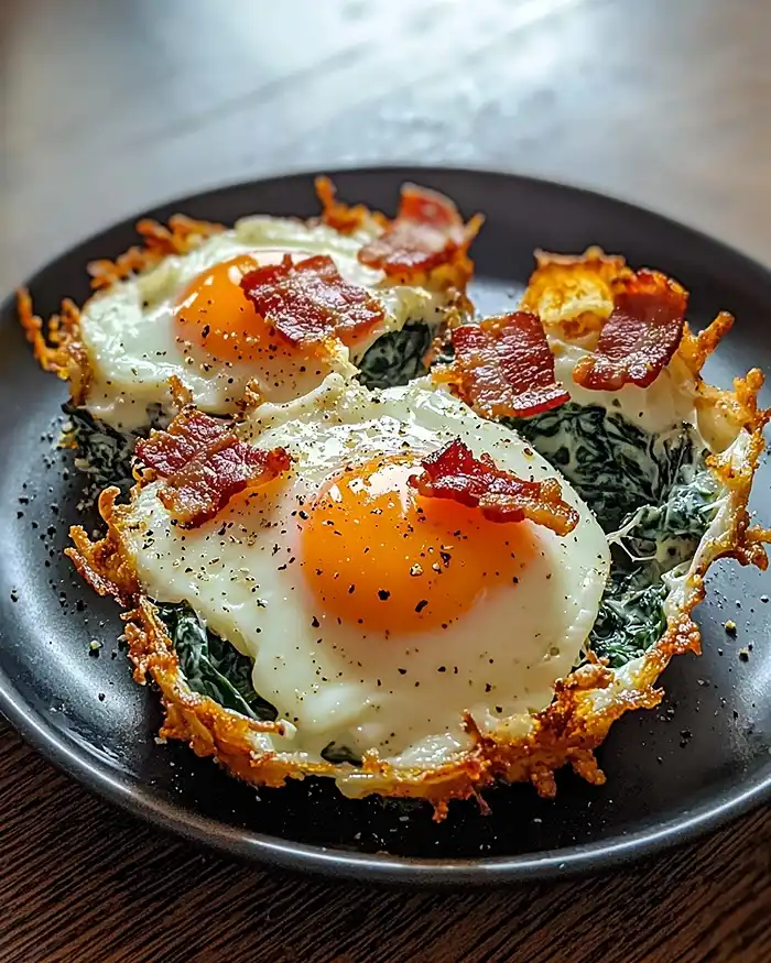 Œuf Nuage au Parmesan sur Nid d'Épinards 4 OEuf-Nuage-au-Parmesan-sur-Nid-dEpinards-a-la-Creme-Chips-de-Bacon