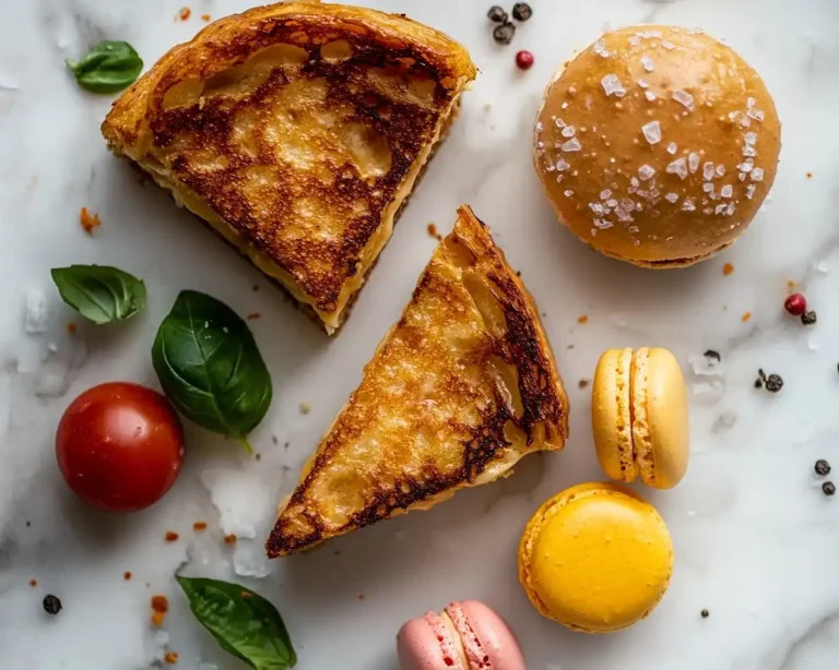 Pain perdu salé doré, macarons salés et cannelé croustillant sur marbre — recettes de pâtisserie salée française