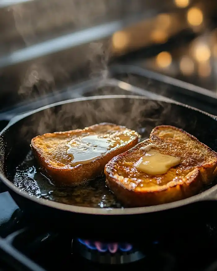 Pains Perdus, Macarons et Biscuits Salés 2 Pain perdu salé en train de dorer dans une poêle en fonte avec du beurre mousseux