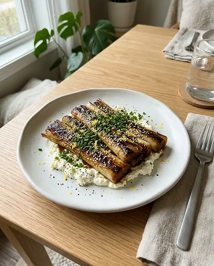Poireaux Fondants Laqués au Miso avec sirop d'érable et crème de feta au citron