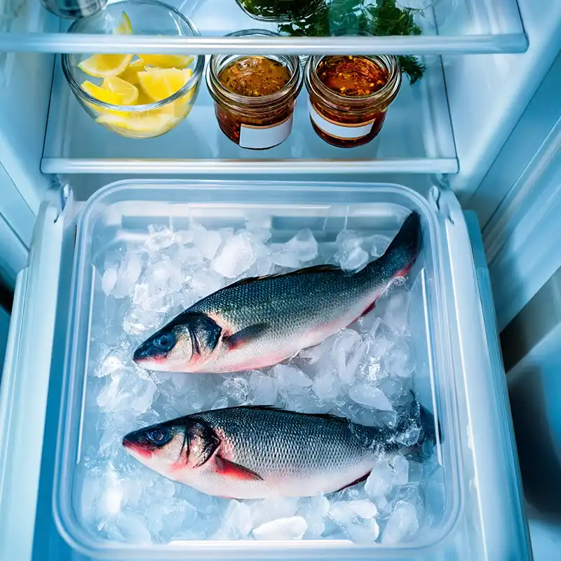 Poisson cru correctement conservé au réfrigérateur avec marinade et ingrédients frais