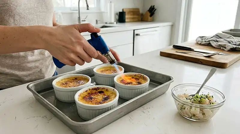 Préparation de la Crème Brûlée Salée au Parmesan avec Tartare de Saint-Jacques