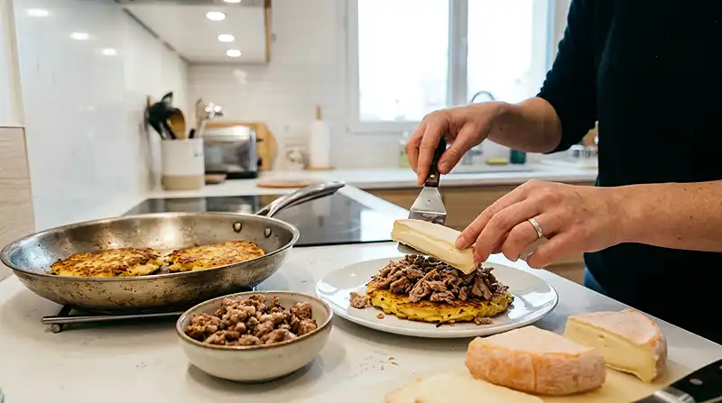 Preparation-de-la-recette-Burger-Savoyard-Rosti-de-Pomme-de-Terre-Effiloche-de-Diot-Coeur-de-Reblochon-Filant