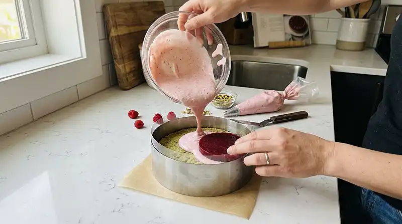 Entremets Pistache & Framboise 4 Préparation de la recette Entremet framboise et pistache croustillant