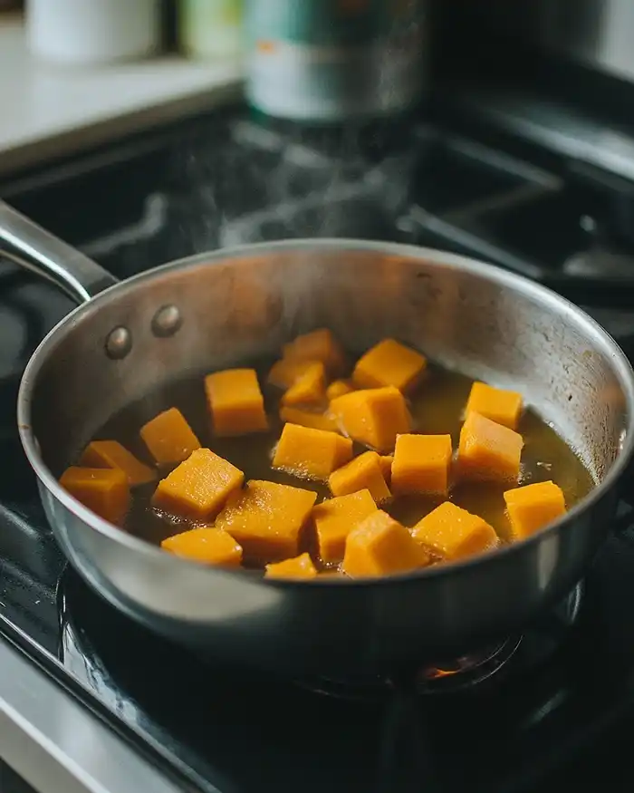 Preparation-de-la-recette-Ile-Flottante-Salee-a-lAil-Noir-sur-Veloute-de-Potimarron